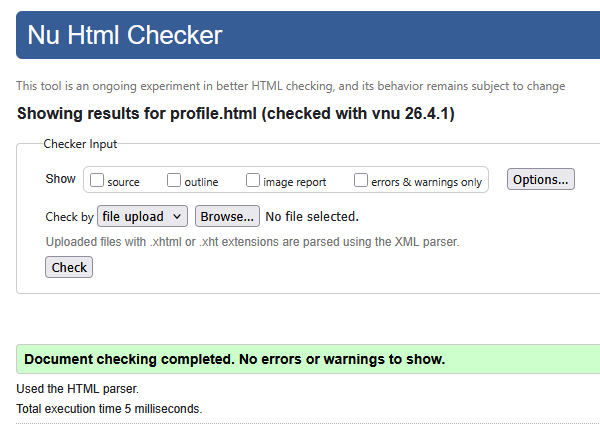 W3C validation result for profile.html showing no errors