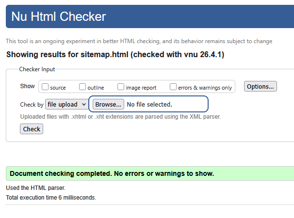 W3C validation result for sitemap.html showing no errors
